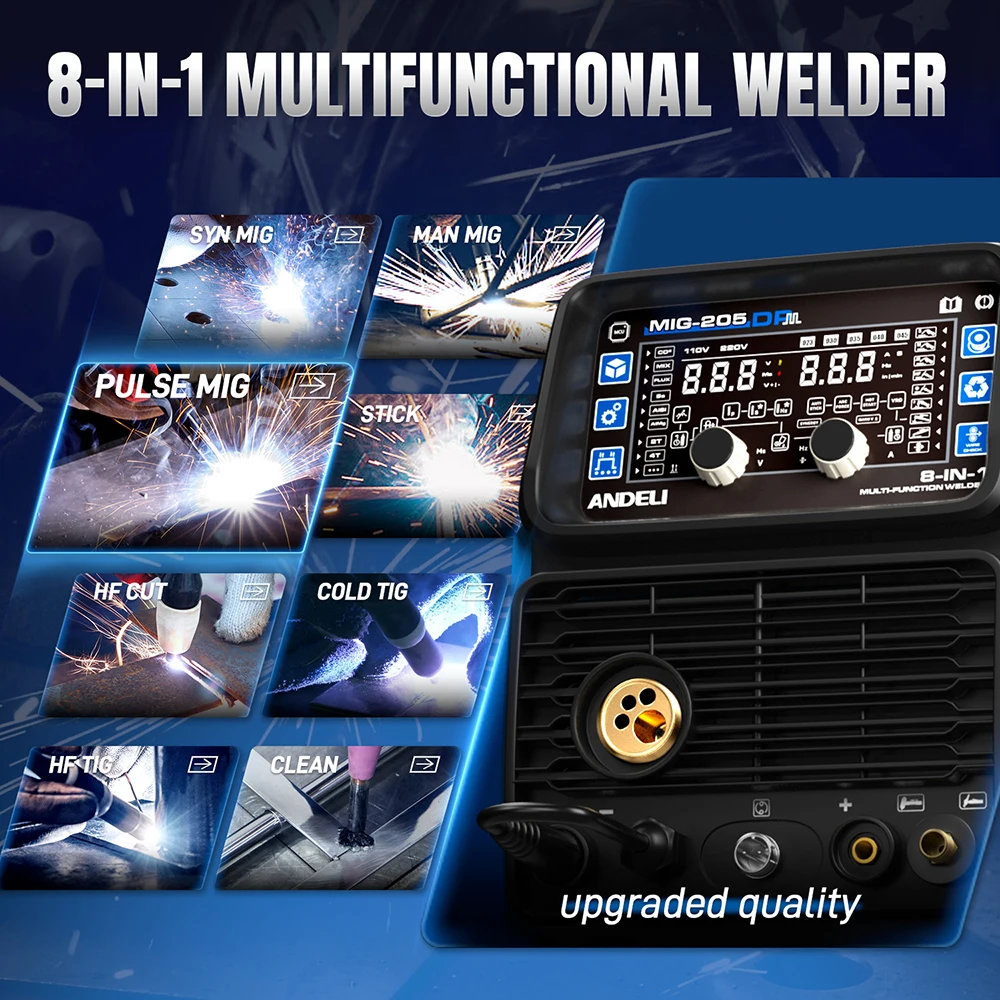 Soldadora ANDELI 8 en 1 de Aluminio MIG/TIG/CUT/Stick/Clean/Cold Welding, Soldadora Multiproceso con Inversor de Sinergia y Cortadora de Plasma