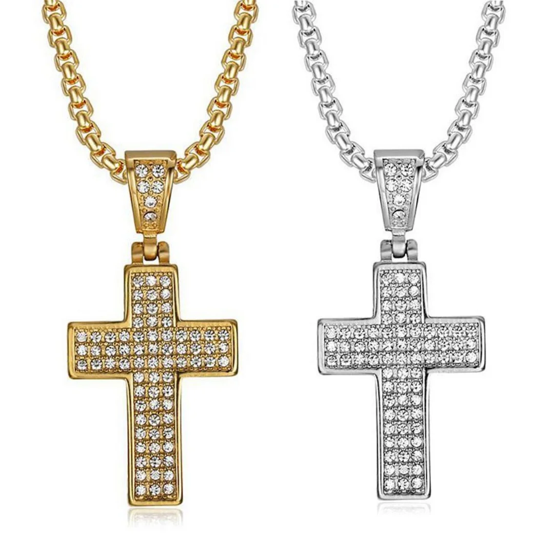 

Luxury Iced Out Bling Full Zirconia Cross Pendant Gold Silver Color Stainless Steel Chain Tennis Necklace for Woman Man Jewelry