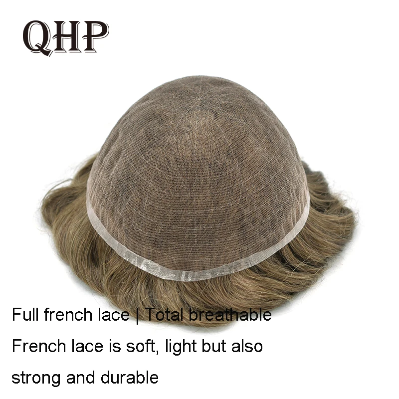 Men Toupee Full French Lace Base Male Capillary Prosthesis Breathable Men's Wig 100% Human Hair Replacement System 6