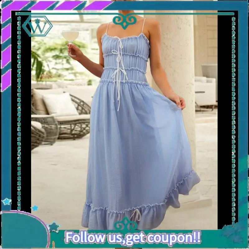 A09P Abito estivo da donna 2025 Casual senza maniche con cinturino per spaghetti RIC Rac Trim Abito lungo da spiaggia con volant smock