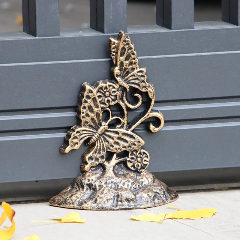 Antique Gold Cast Iron Butterflies Door Stop With Bottom Base For Home Indoor Outdoor Front Gate Decoration Handmade Heavy Piece