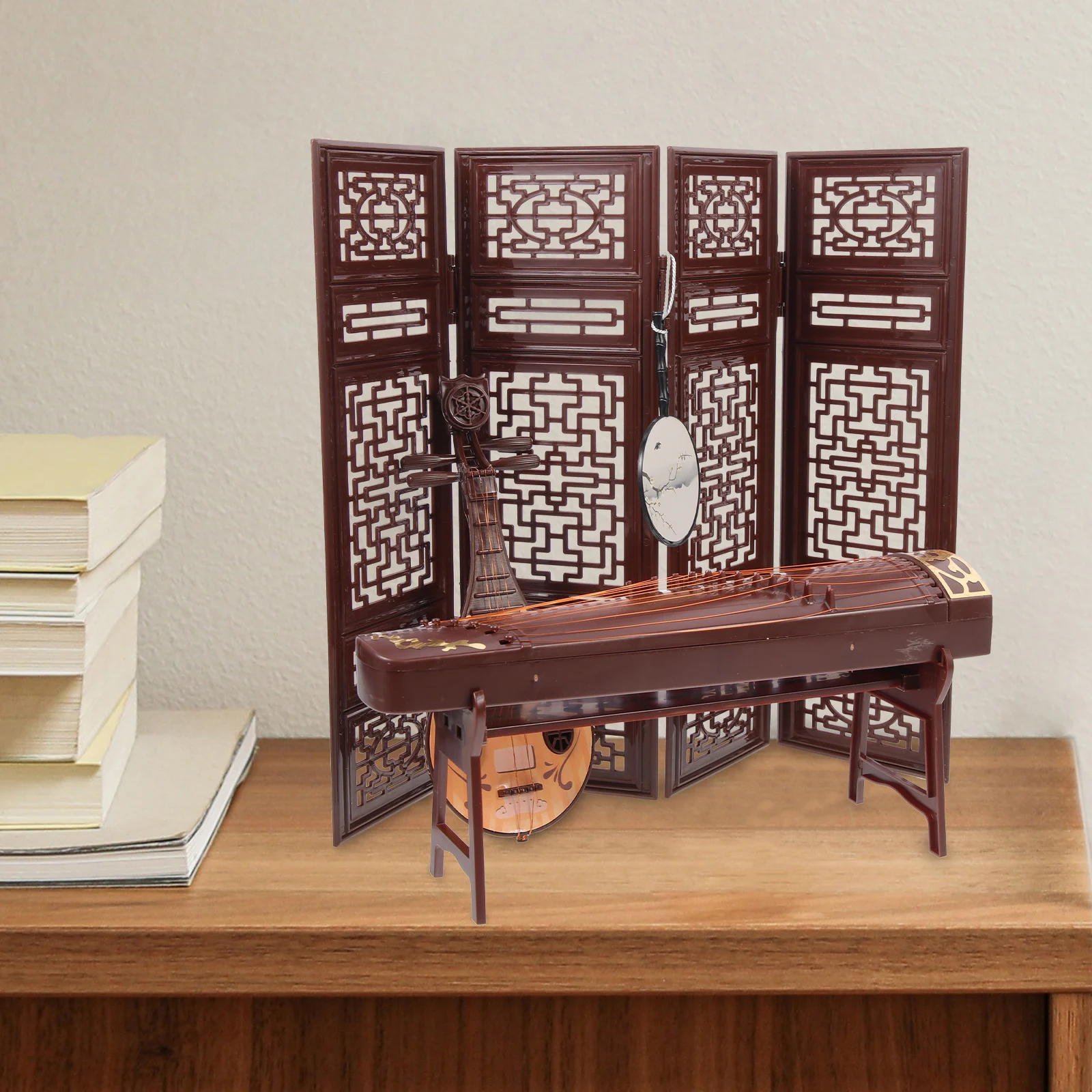 

4pcs Simulation Chinese Style Simulation Furniture Guzheng Pipa Fan Mini Instrument For House Home Decoration