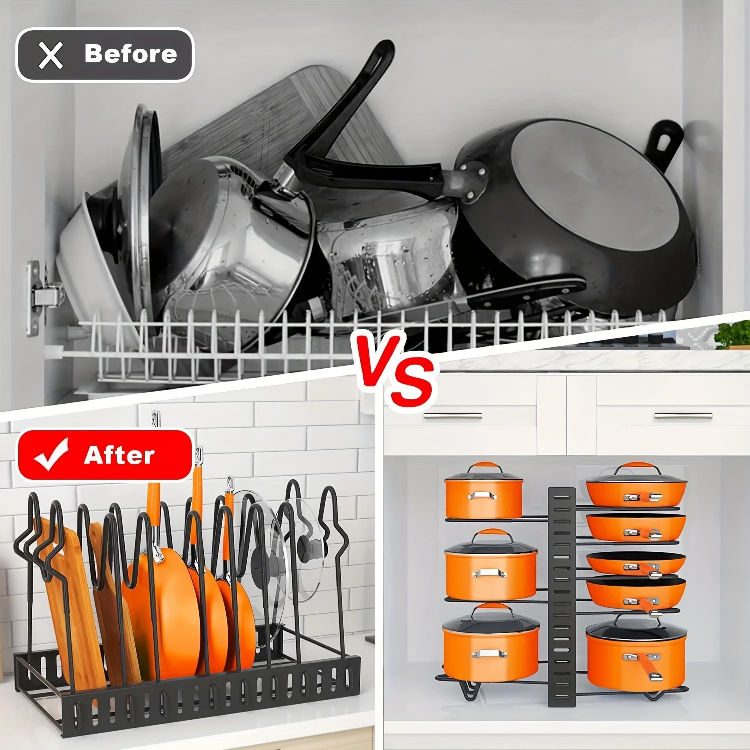 

5- and 8-tier durable metal pot rack organizers, space-saving pots, pans and lid cabinet racks