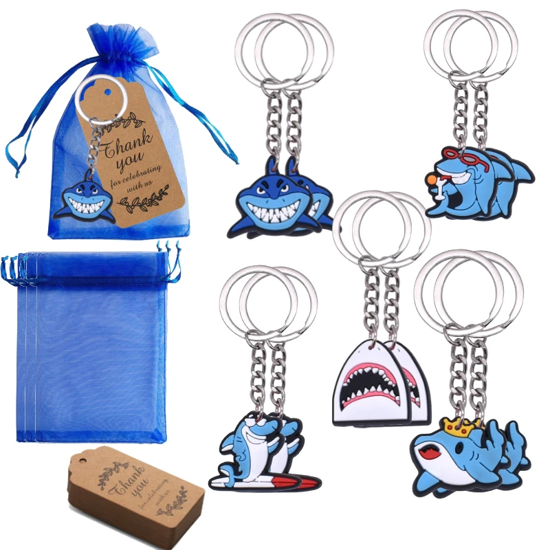 10 Sets Shark Party Favors, Ocean-Themed Shark Keychains with Thank You Tags and Blue Gift Bags for Birthday Party Supplies