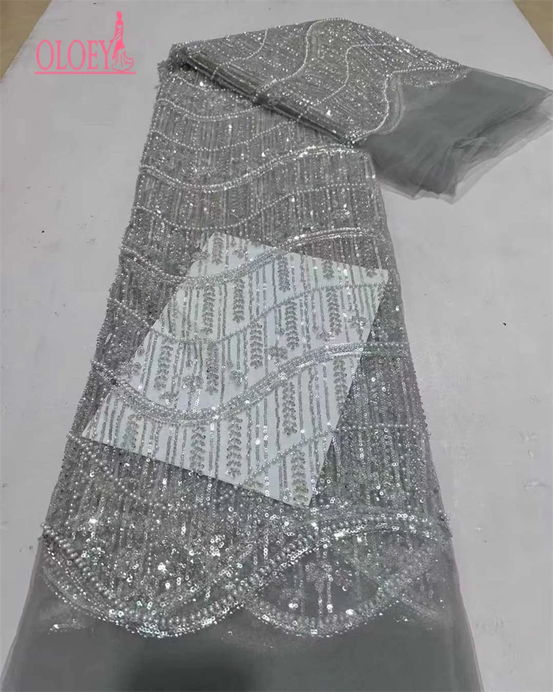 OLOEY Tessuto di pizzo con perline africane Tessuto di tulle francese di pizzo con paillettes nigeriane di alta qualità per abito da festa di nozze Sewin