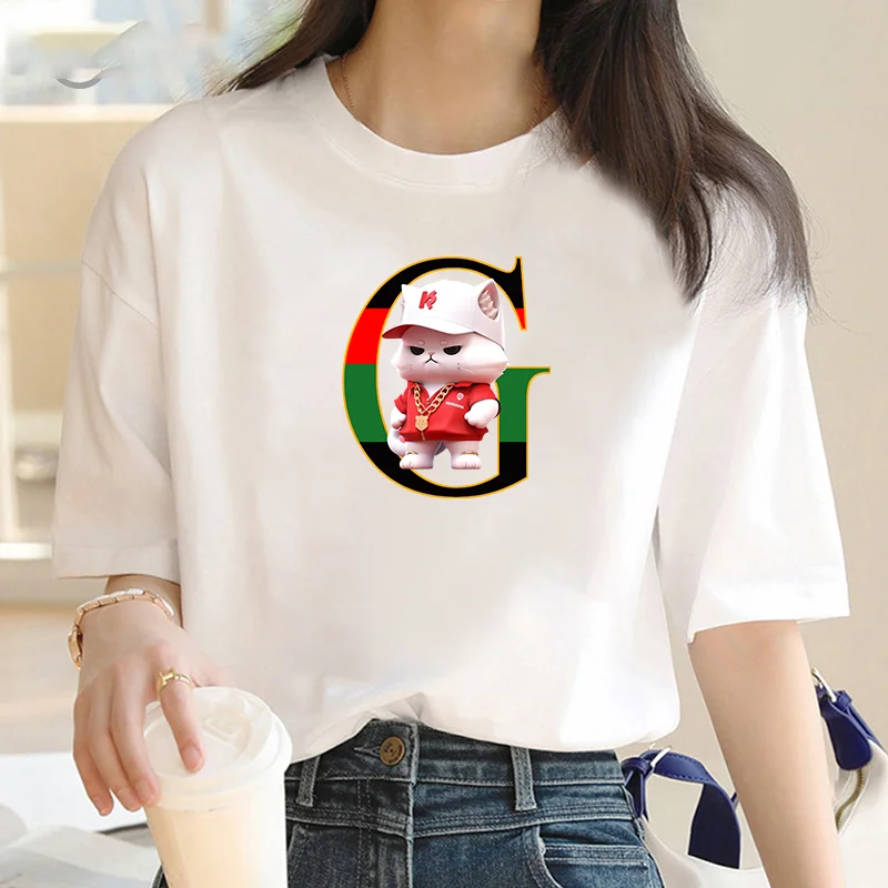 White basic cartoon cool cat print women's T-shirt Summer new S-5XL T-shirt Casual loose T-shirt O collar women's top