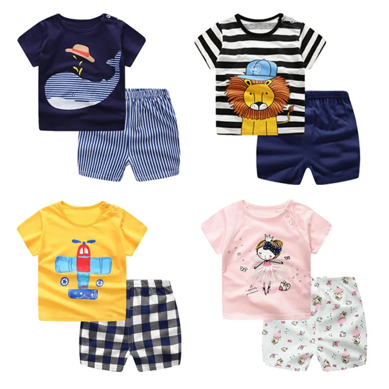 Summer Trendy Boys Girls Clothes Cute Cotton Lion Print Kids Short Sleeve T-shirt Tops+ Shorts Casual Loose 2PCS Sets Sport Suit