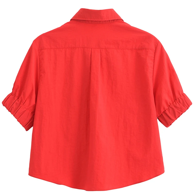 TARF Crop Poplin Shirts Women Short Sleeve Red Black Blouse Summer 2024 Solid Single Breasted Top Chic And Elegant Women Blouse