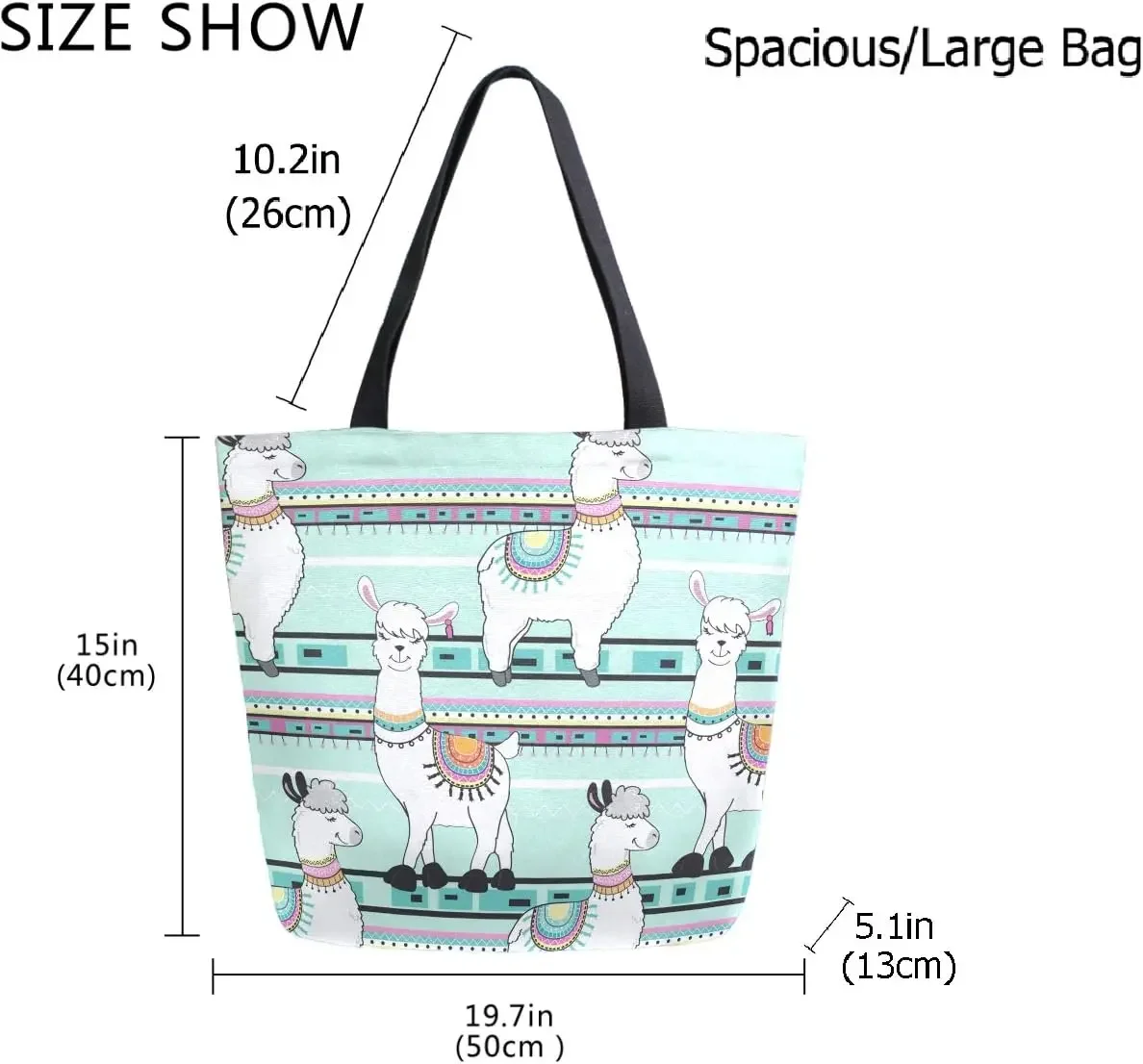 Chic Cute Cartoon Llama Stripes Pattern Extra Large Canvas Tote Bag for Gym Beach Travel Reusable Shopping  HandBags