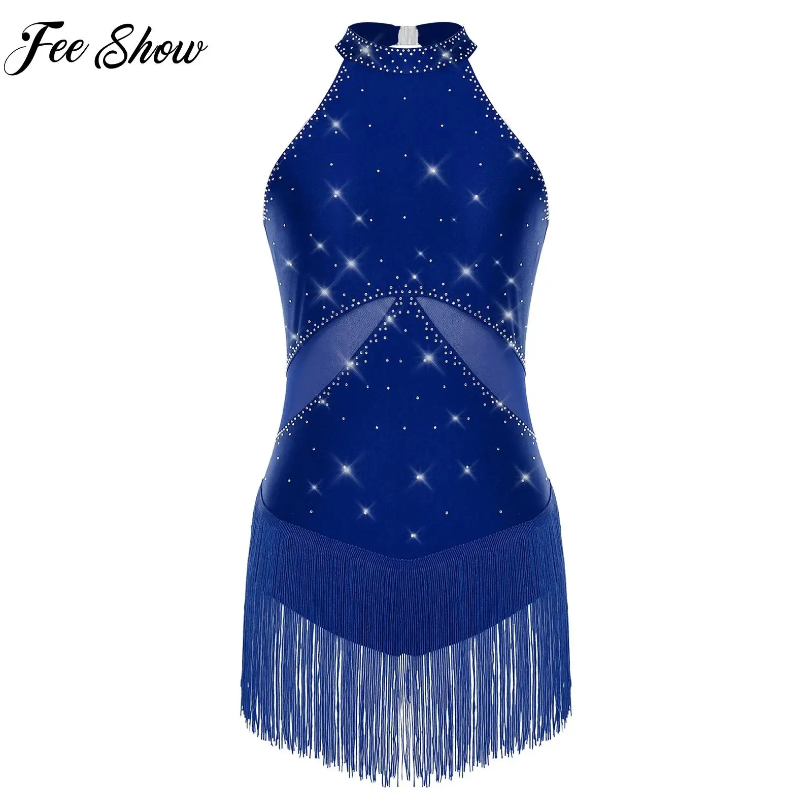 

Womens Latin Dance Leotard Latin Smaba Rumba Tango Cha-cha Performance Dancewear Rhinestone Tassel Mesh Back Hollow Out Bodysuit