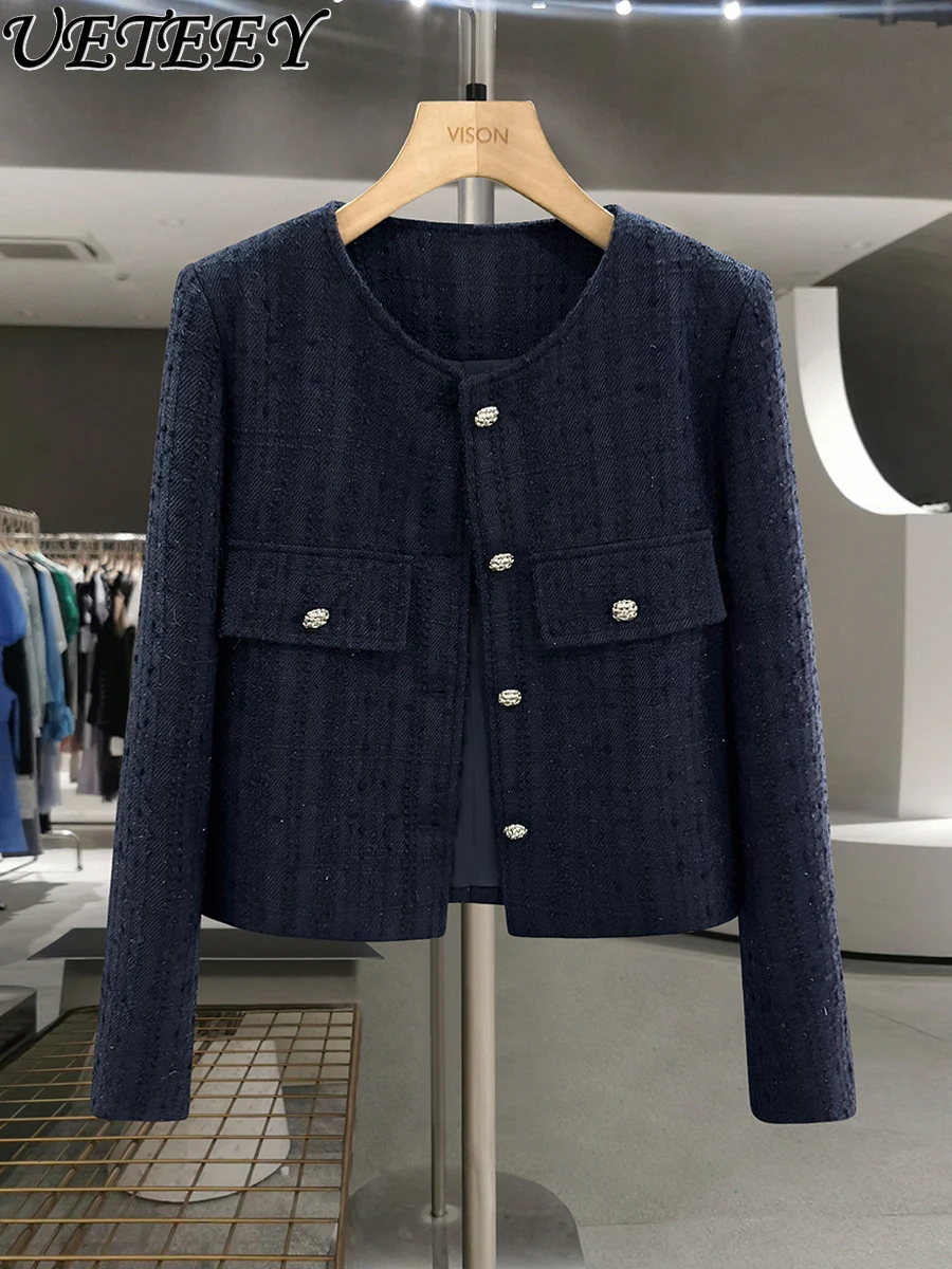 

Socialite High-end Vintage Dark Blue Slim Wool Coat for Women 2025 New Autumn French Commuter Warm Short Woolen Jacket Top Lady
