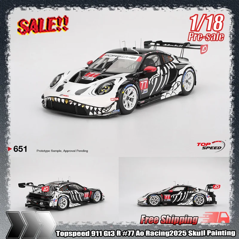 

Новый Topspeed-651 1:18 911 GT3 R # 77 Ao Racing 2025 Lmsa Petit Le Mans, миниатюрная литая рождественская игрушка из смолы с рисунком черепа, подарки