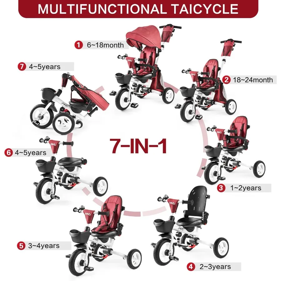 8 in 1 Tricycle Stroller with Push Handle, Foldable Trike with 360° Swivel Seat, Reclining Backrest, All-Terrain Wheels, Dual Br