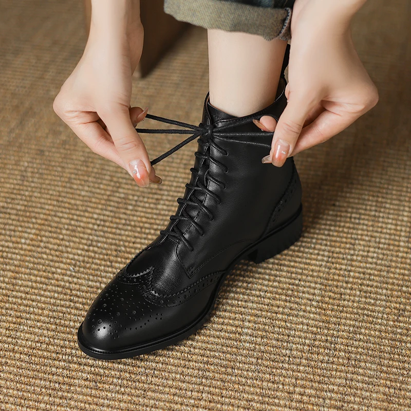 2024 Genuine Leather Boots Women Shoes Thick Sole Lace Up Autumn Winter Short Ankle Boots for Women High Heel Motorcycle Shoes