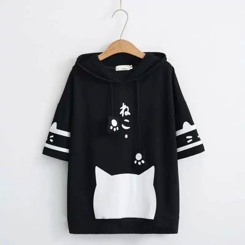 Mori Women Harajuku Kawaii Graphic T Shirt 2025 Summer Teen Girl Cat Ears Hooded T-shirt Short Sleeve Japanese Letter Print Top