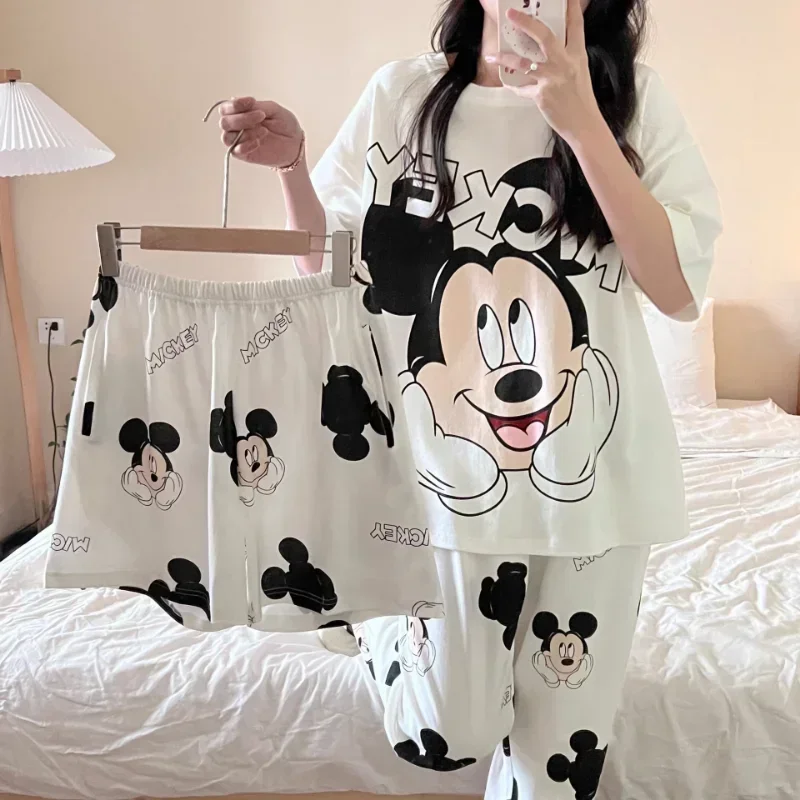 Disney Mickey Mouse Autumn Cotton Three-piece Women\'s Pajamas Silk Pajamas Women\'s Short Sleeve Crew Neck Pants Loungewear Set