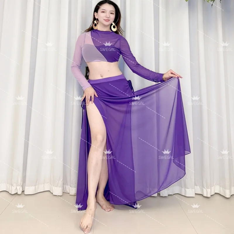 

customized swegal belly dance dress practice costume Eastern dance costume purple mesh top with drawstring long skirt set