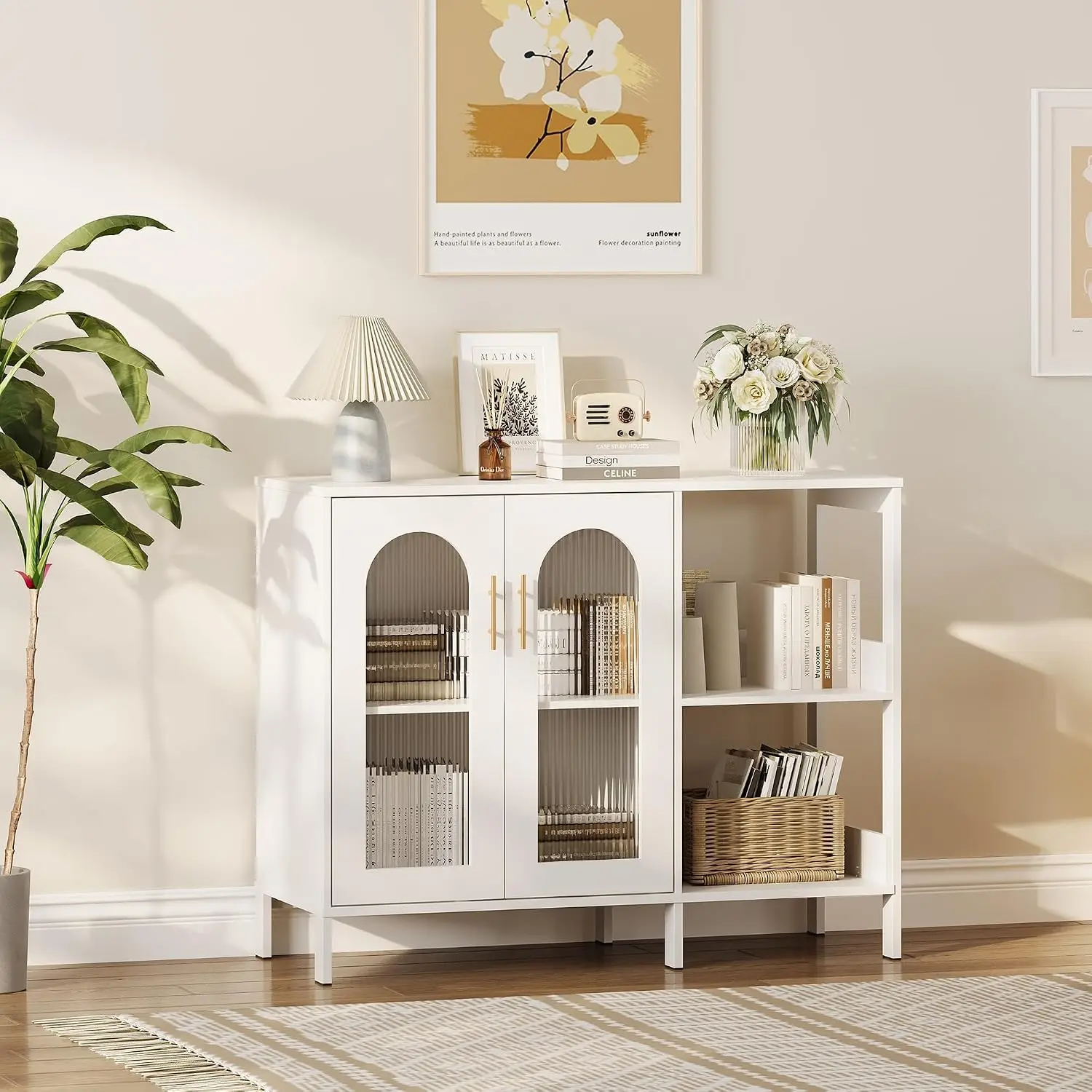 Glass Door Sideboard Cabinet, Modern Storage Buffet with Metal Handles & Adjustable Shelves, Solid Wood Frame, Customized