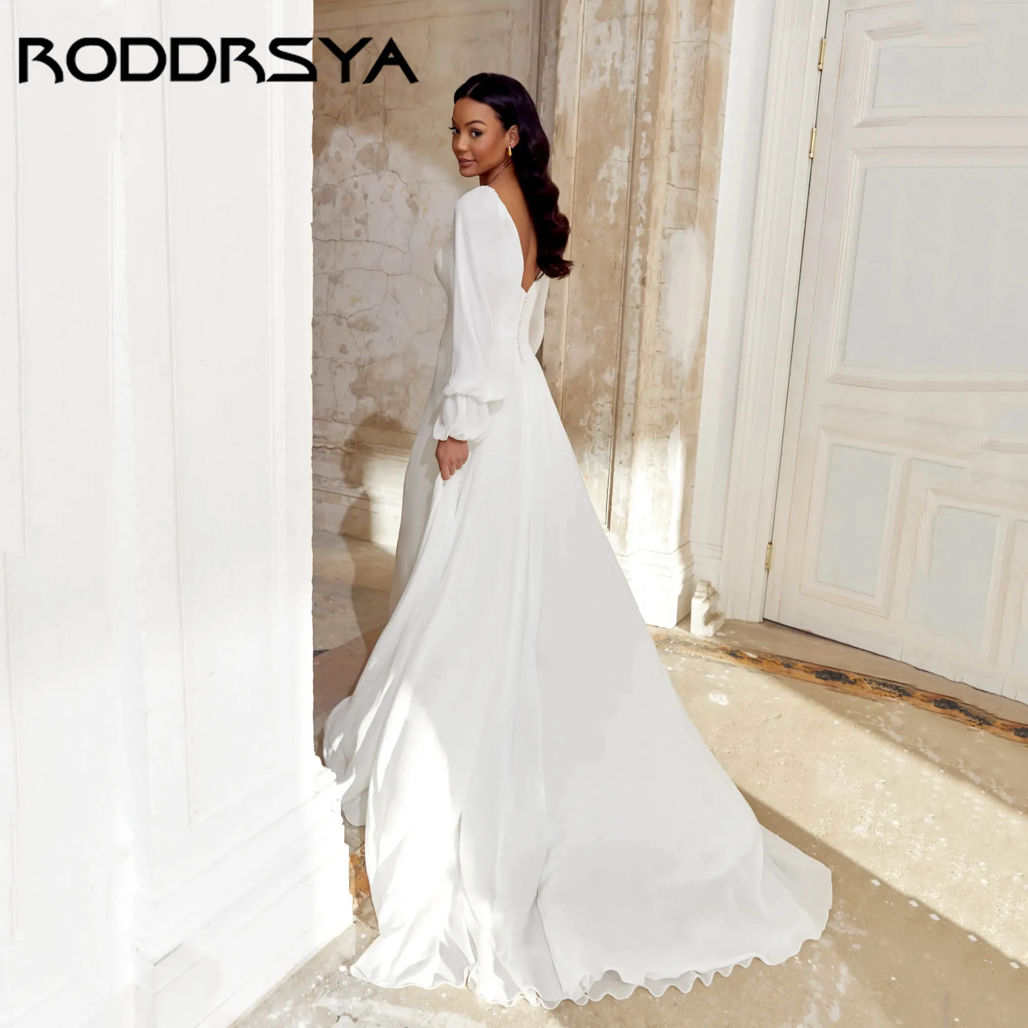 RODDRSY minimalisme en mousseline de soie a-ligne robe de mariée chérie manches longues bouffantes robe de mariée Simple dos nu robe de mariée personnalisée