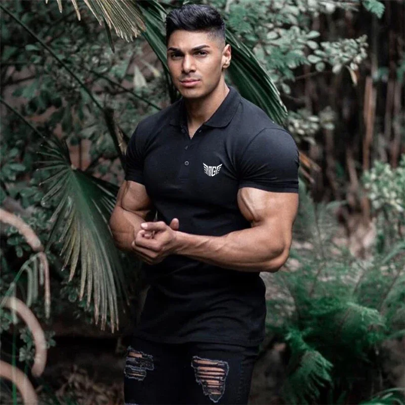 Polo a compressione da uomo di marca muscle guys top in cotone moda Sport manica corta palestra Bodybuilding Fitness Polo
