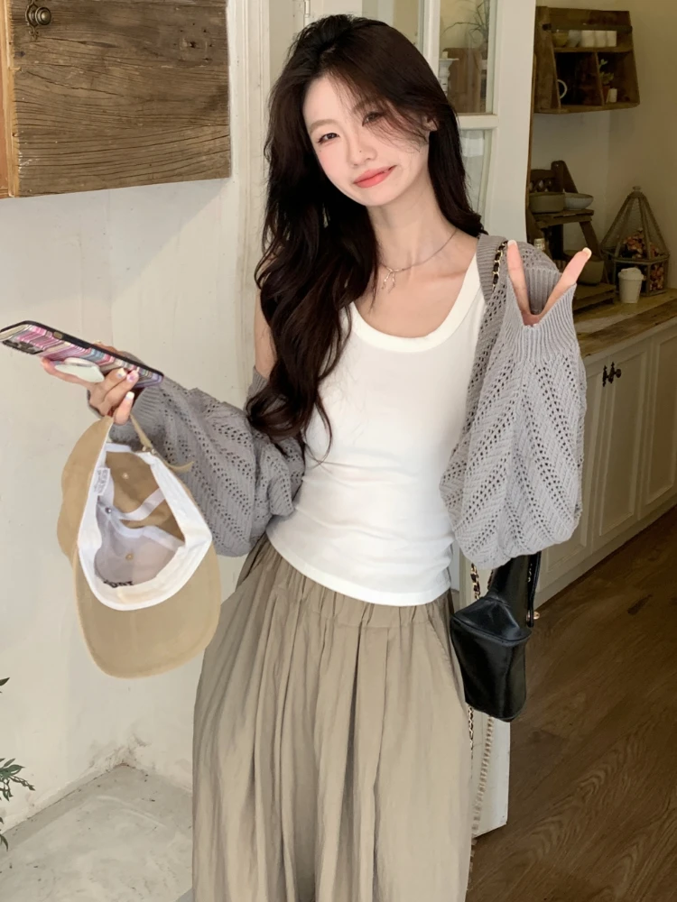 Cropped Cardigan Women Hollow Out Slim Long Sleeve Knitting Spring Solid Simple All-match Daily Knitwear Korean Style Leisure