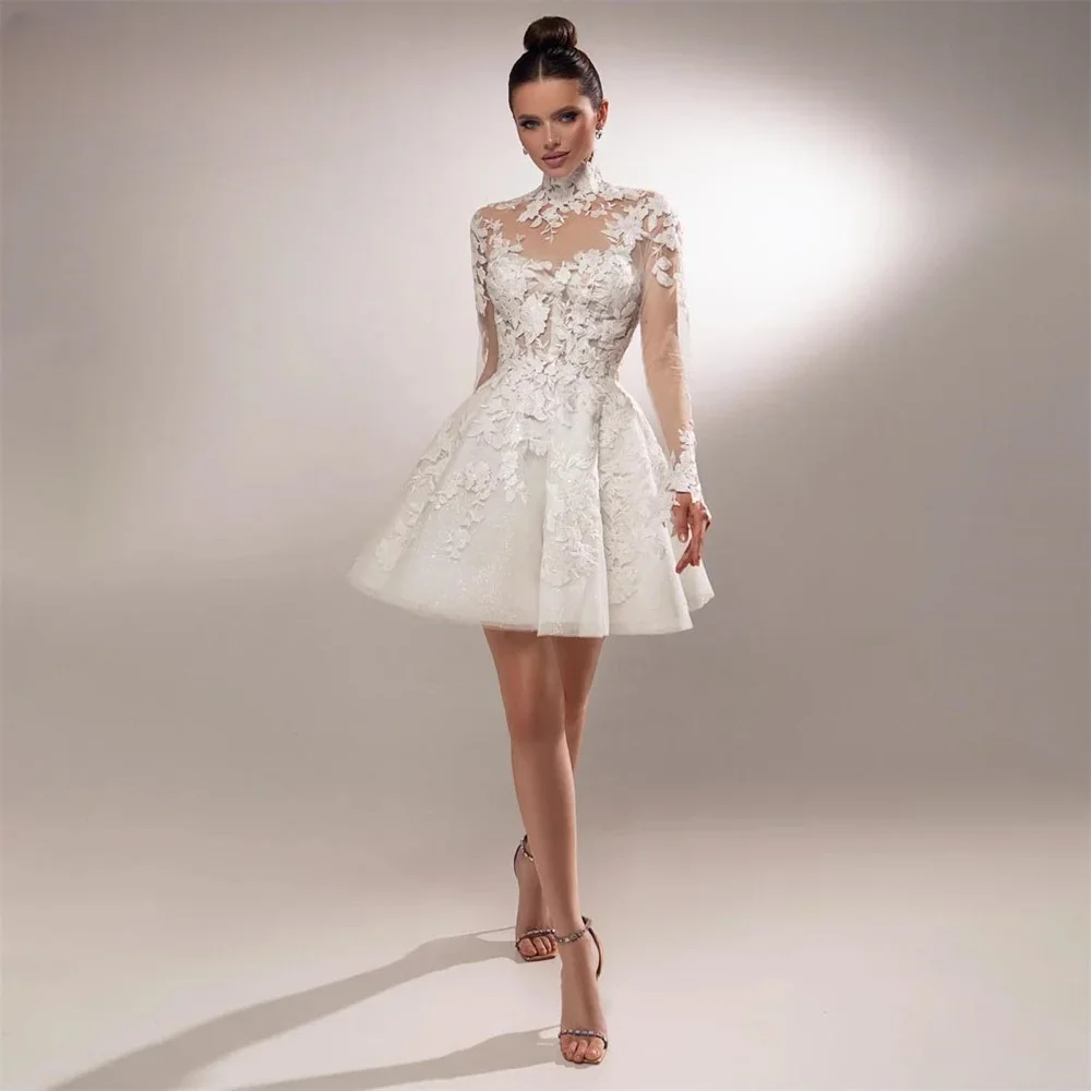 Customized 2026 New Simple Lace Floral Applique Full Sleeve Above Knee Mini Wedding Dress Elegant Women Bride Bridal Gown