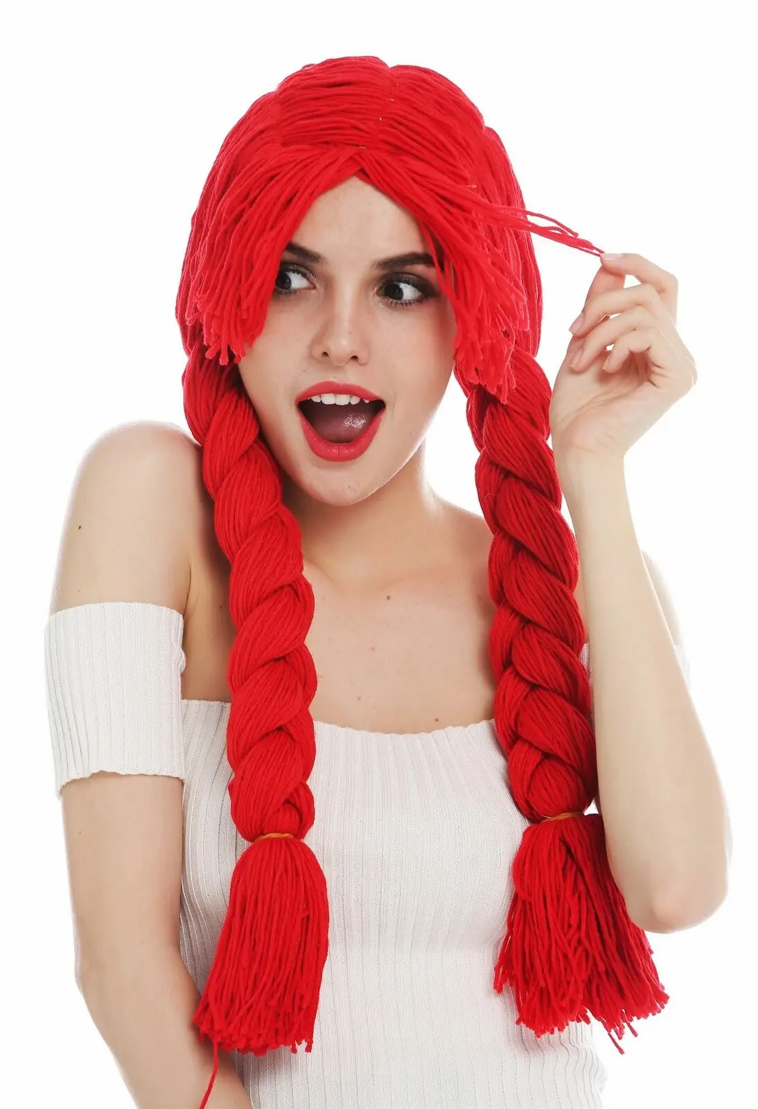 Boneka rambut palsu, Wig karnaval wanita, boneka tebal, rambut ekor merah, kepang panjang