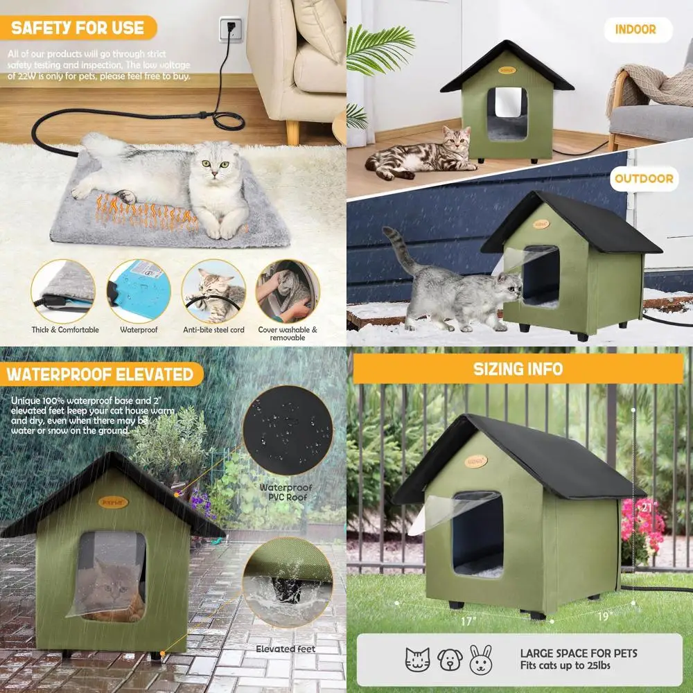 

Elevated Insulated Outdoor Heated Cat Shelter for Winter - Weatherproof Feral Cat House (Green)