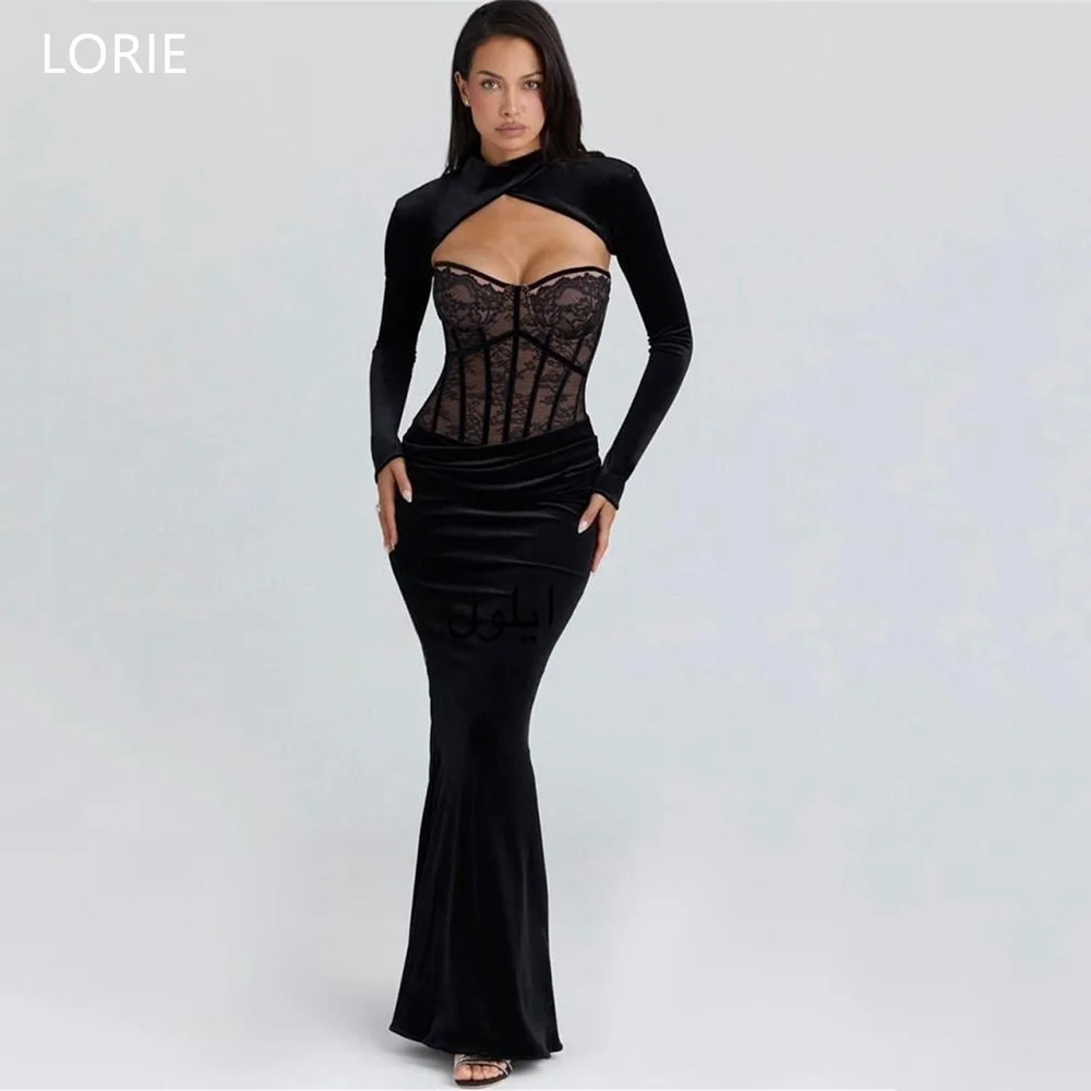 

LORIE Sexy Black Party Dresses Velvet Strapless Lace Evening Prom Dress Pleats Sheath Mermaid Prom Gown Customized