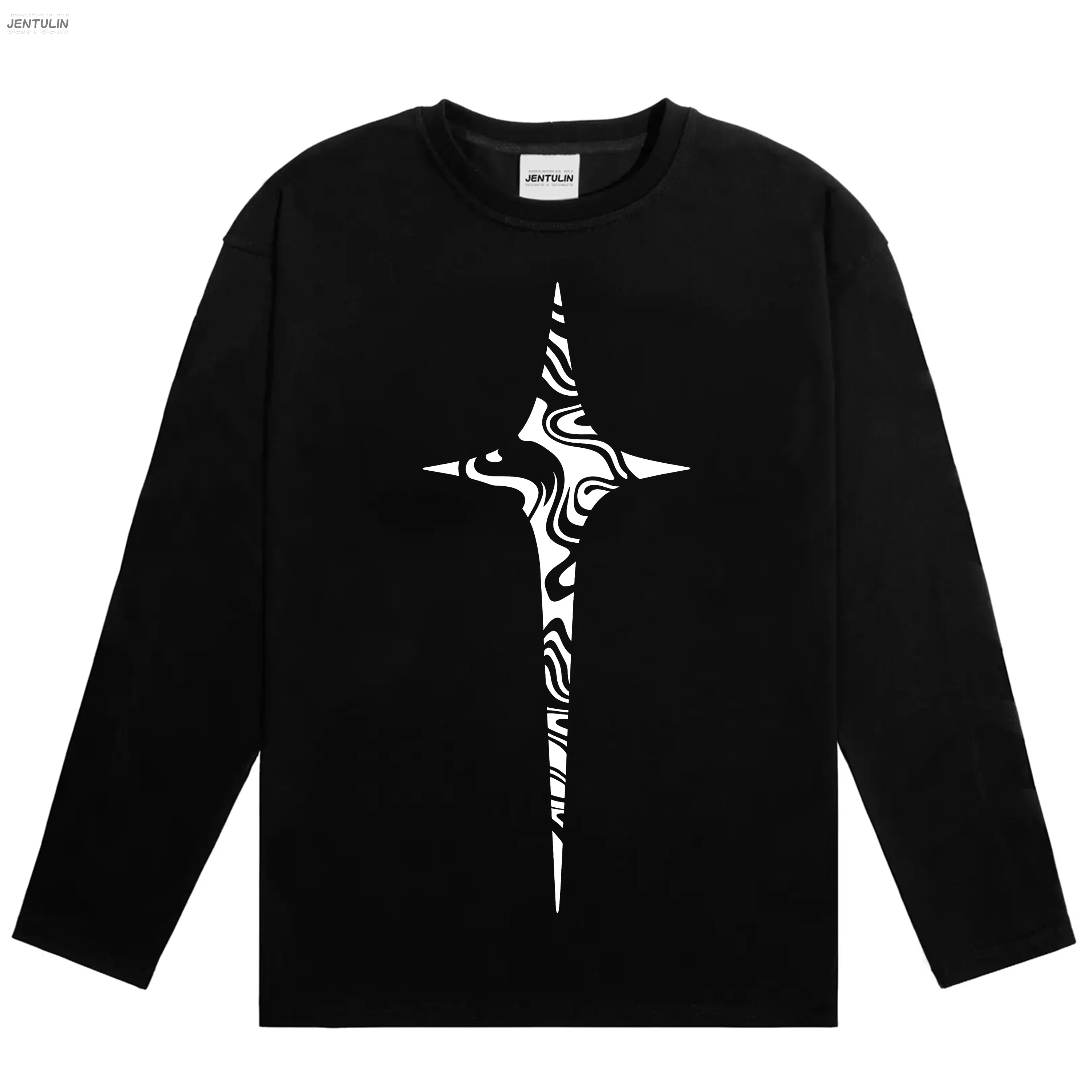 Oversized Long Sleeve T-shirt Star Cross Graphic Print White Crew Neck Tee, Y2K Gothic Streetwear Loose Casual Top Unisex