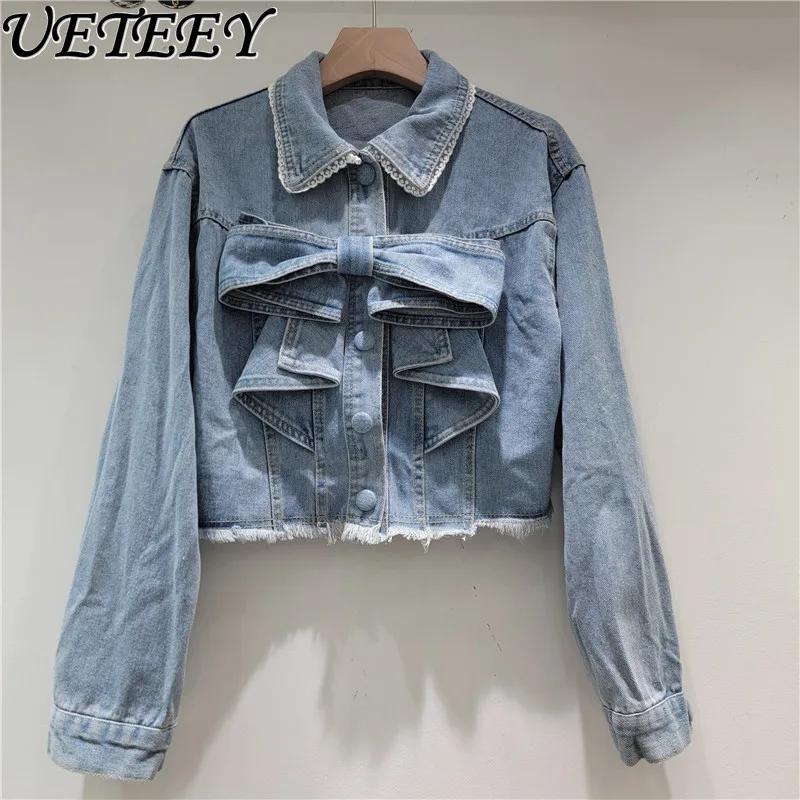 

2025 Autumn Winter New Design Sense Bow Collar Lace Frayed Blue Denim Jacket Women's Jean Jacket Trendy Fashion Female Coat