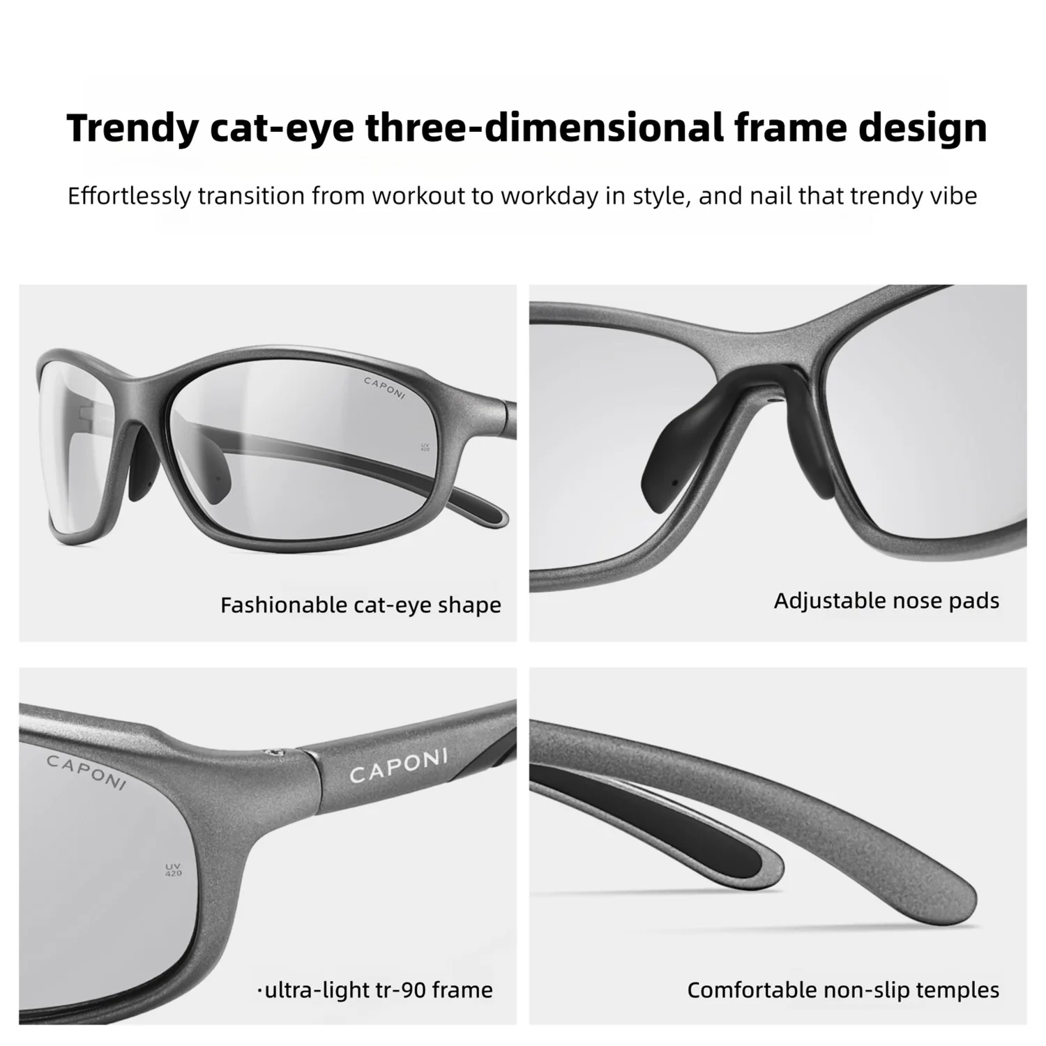 CAPONI Polarized Women Sunglasses Photochromic Outdoor Sport Running Driver Sunglasses Black Shades Silver Mirror Lenses BS36510