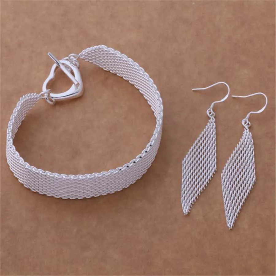 

New 925 Sterling Silver charm Net chain bracelets earrings for women Jewelry sets Fashion designer Party wedding accessories