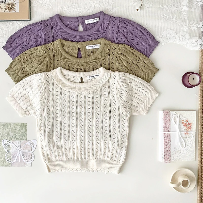 

Baby Girls Knitted Sweaters Summer Thin Princess Ruffled Collar Toddlers Children Pullovers Tops Hollow Sweater Korean Style