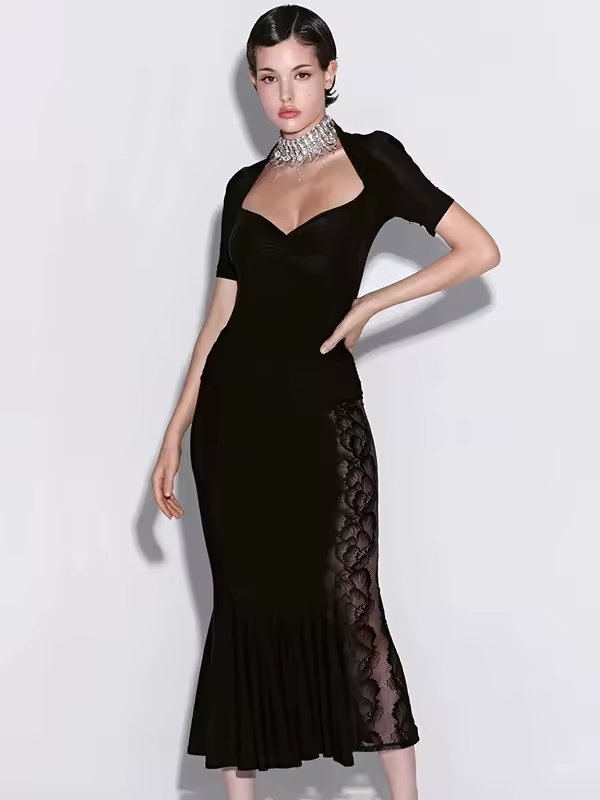 Ticketsx Sexy Lace Dress Set Women Fashion V-Neck See-Through Patchwork Pleated Slim Skirts Set Elegant Party Evening Dress Set - Image 2