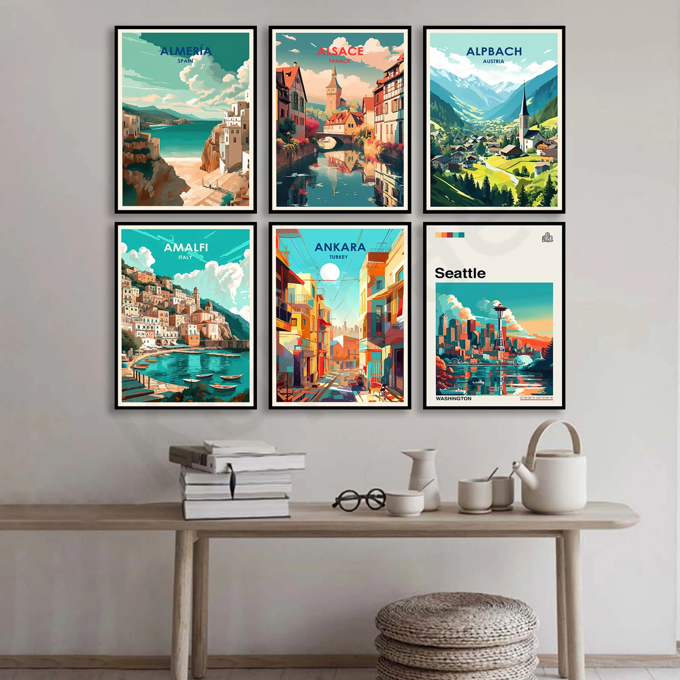 Seattle St. Augustine Avignon Appenzell Ankara Anaheim Amalfi Alsace Alpbach Almeria Alberobello City Travel Landscape Poster