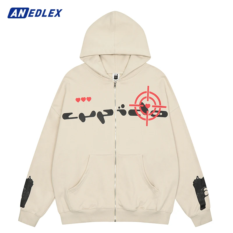 

Hip Hop Men Hooded Jacket Heart Graphic Pistol Print Harajuku Loose Jacket Coat Streetwear Autumn Cotton Zipper Jacket Hoodie