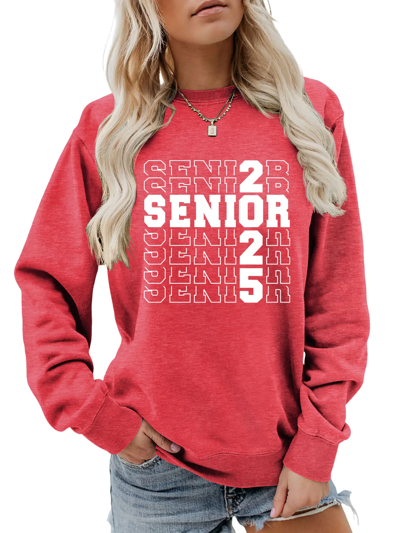 Autumn new crew-neck women\'s casual T-shirt hoodie senior 2025 printed loose long-sleeved top with all fashion pullover