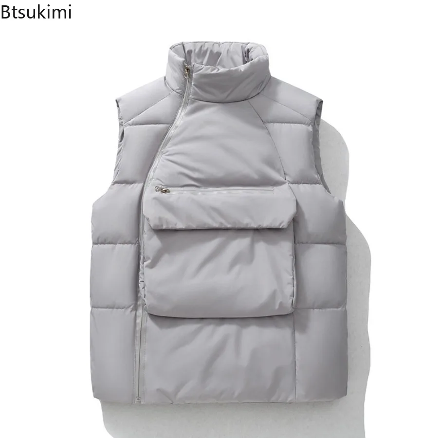 Autumn Winter Men's Down Cotton Vests Stand Collar Sleeveless Oblique Zipper Front Pockets Design Men Thicken Warm Vest Jackets