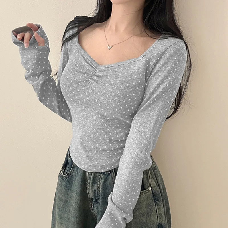 

French Sweet and Fresh Polka Dot Lace T-Shirt Slim Fit Long Sleeve Women's Top