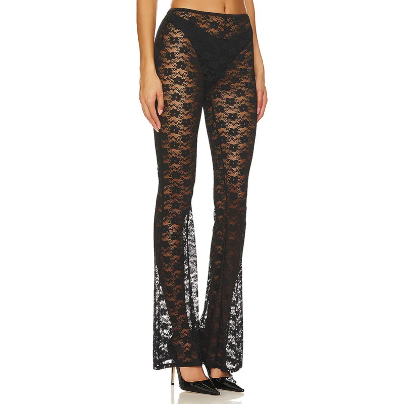 

High Elastici Wide Leg Pants Floral Lace Casual Long Trousers See tough Bot Spring Summer Autumn Faion Ladies