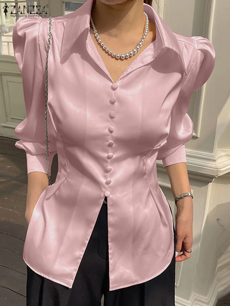 

ZANZEA Fashion Elegant Women 2023 New Vintage Shirts Solid Pleats Female Chic Button Blusas Long Cuff Puff Sleeve Tops Blouse