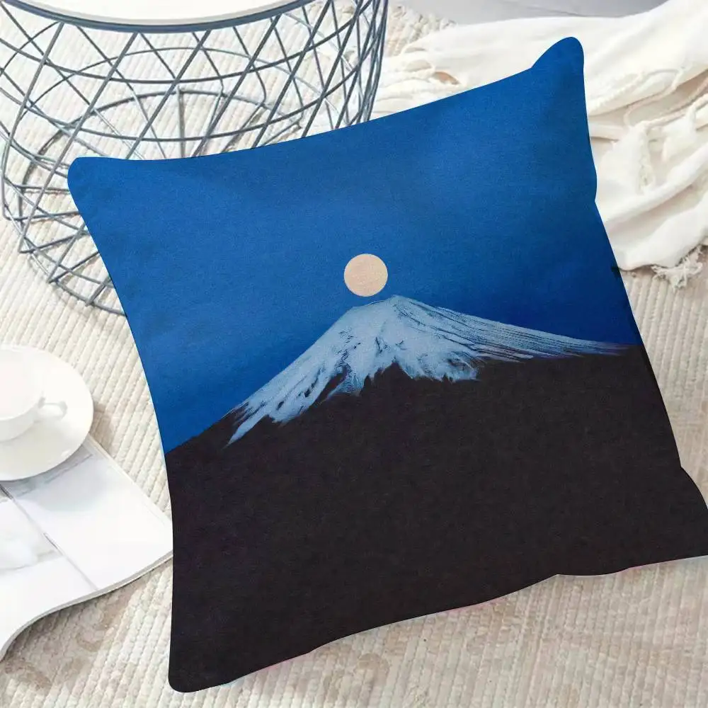 Mt Fuji Moon Throw Pillow Cover Vintage Ukiyo-e Style Mountain Night Sky Cushion Case Oriental Aesthetic Pillowcase Decor