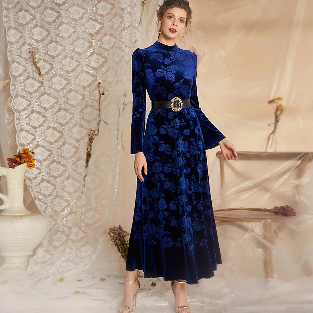 YS-09 Fashion Autumn/Winter New Women's Clothing Elegant Velvet Pattern Lace Long Sleeve Dress