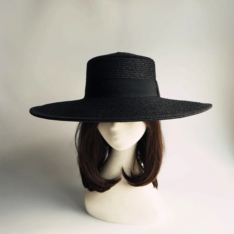 French Black Large Brim Top Hat  Female Summer Shade Resort Beach Sun Straw Hat Black Panama