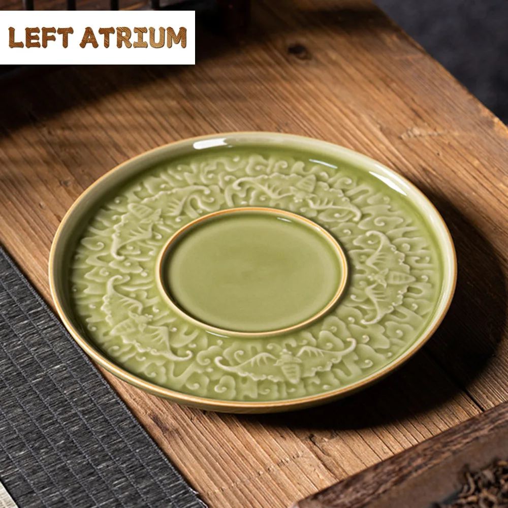 Handmade Longquan Celadon Pot Bearing Holder Five Blessings Dry Foam Table Tea Tray Holder Fruit Plate Kung Fu Tea Accessories