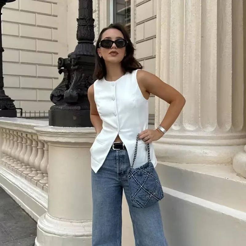 New Women's Sleeveless Vest Fashion Vintage Button Decoration Vests Women's Coats Female Outerwear Chic Tops