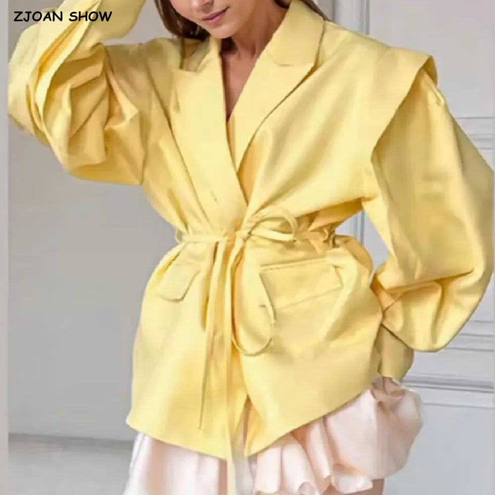 

6 colors 2025 Autumn Lacing Up Bow Sashes Wide Shoulder Shrug Sleeve Blazer Chill Vintage Women Pockets Loose Suit Fashion Coat