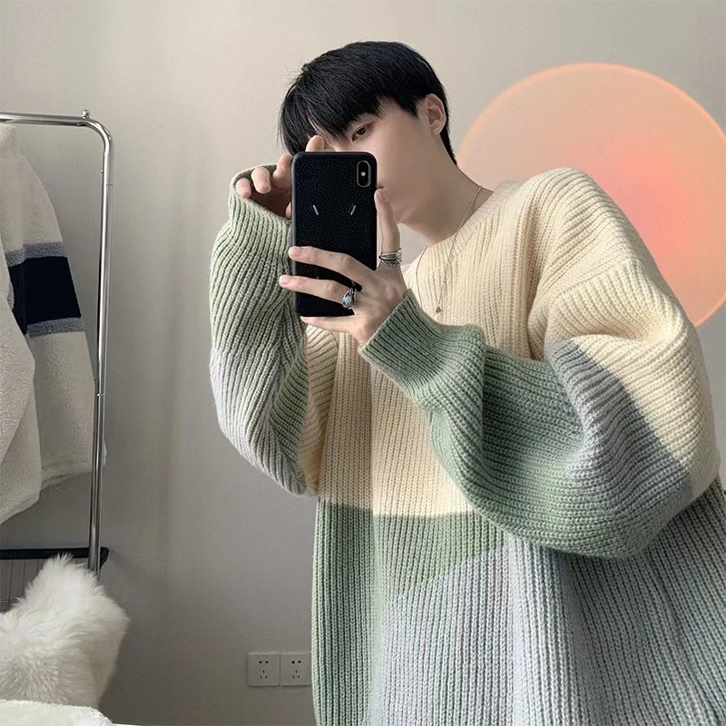 

Thiened Winter Knitted Sweater Men's Crew Ne Pullover Color Blo Faionable Base Layer irt Student Versatile Hong Kon...