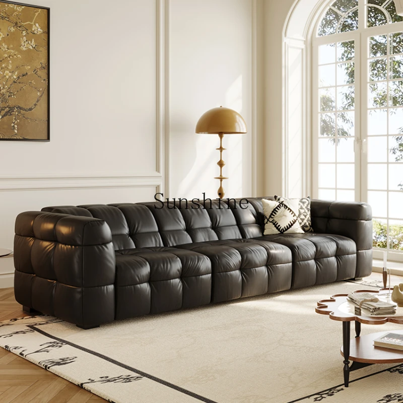 

Pull-up leather sofa black retro style small apartment multi-functional home sofa